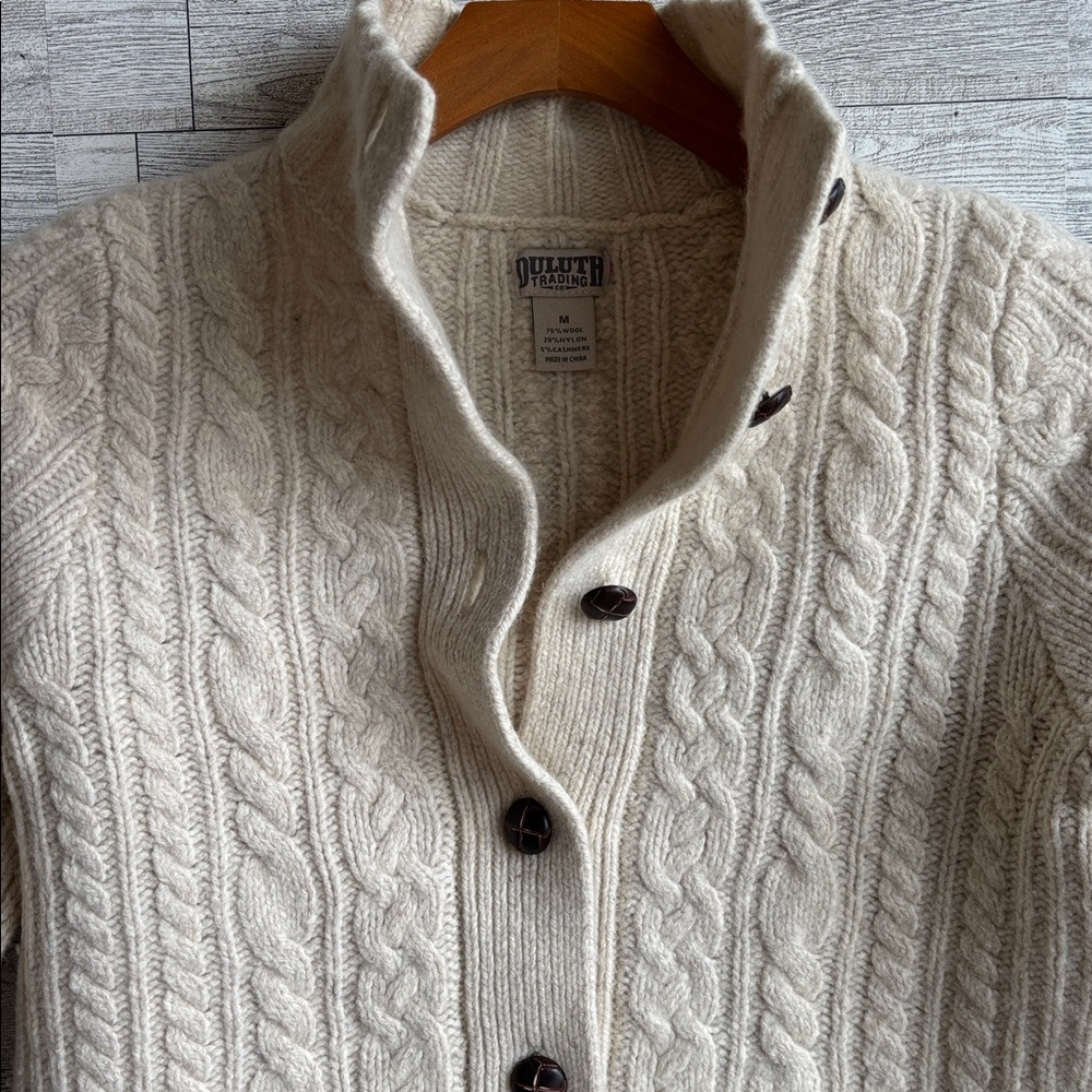 Duluth Trading Wool Cashmere Sweater Cream CableKnit Cardigan Fisherman medium - Picture 2 of 7